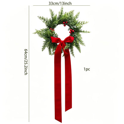 4-Pack Artificial Cedar Christmas Wreath - Green with Red Berries & Ribbon Bow - Front Door, Window, Wall, Cabinet & Wedding - Indoor Holiday Decoration