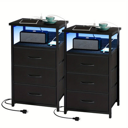 LED Nightstand with Charging Station - 1/2/3/4 Drawers, RGB App-Controlled Music-Sync Lighting, Metal Frame, Fabric Drawers & PU Finish, Adjustable Legs, 2 AC Outlets - 1 or 2 Pack - Bedroom & Living Room - Black, White, Gray & Brown
