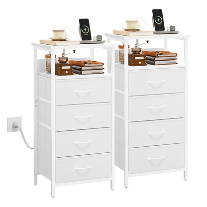 LED Nightstand with Charging Station - 1/2/3/4 Drawers, RGB App-Controlled Music-Sync Lighting, Metal Frame, Fabric Drawers & PU Finish, Adjustable Legs, 2 AC Outlets - 1 or 2 Pack - Bedroom & Living Room - Black, White, Gray & Brown