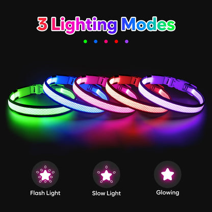 LED Dog Collar USB Rechargeable with 6 Color Lights - Adjustable Soft Mesh Safety Collar for Small Medium Large Dogs, Glowing Night Visibility Dog Collar for Nighttime Walking, Durable & Stylish