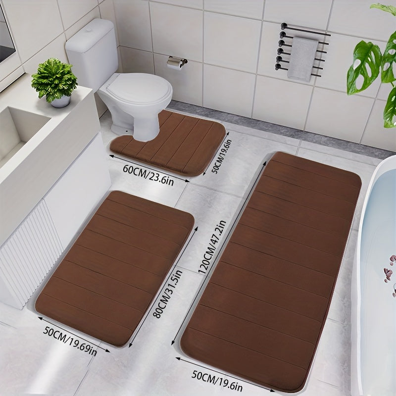 3-Piece Memory Foam Striped Bath Mat Set - Non-Slip, Thickened, Quick-Dry & Machine Washable - Soft Bathroom & Shower Room Mats - 10 Colors