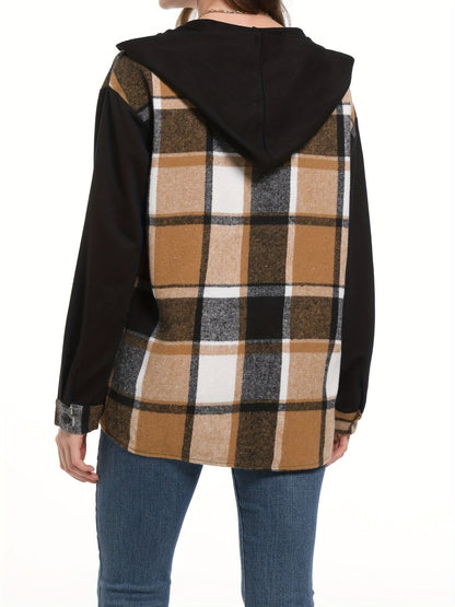 Plaid Hooded Jacket Women Drop Shoulder Woven Patch Pocket Casual Outerwear 100% Polyester Suede PU Black White S M XXL