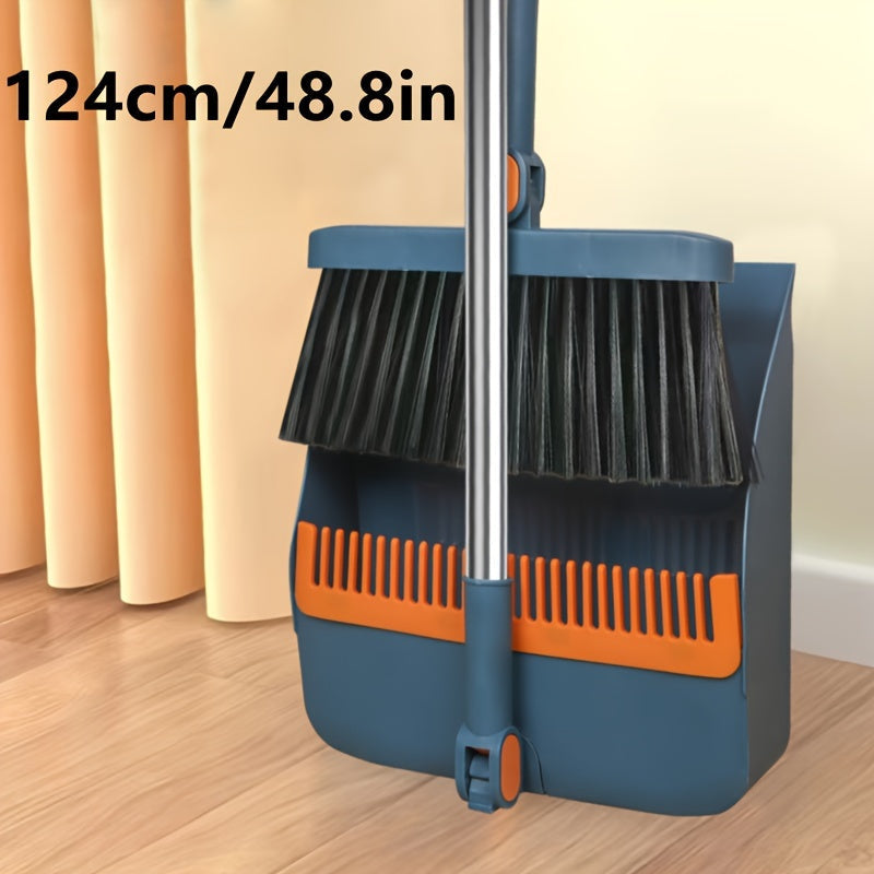 2-Piece Handle Broom & Dustpan Set - Portable Indoor Sweeping Set for Home, Kitchen, Wood Floors & Pet Hair - Standard & Extended Handle - White, Blue & Orange