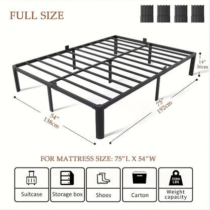 14-Inch Metal Bed Frame Twin Full Queen – Heavy-Duty Iron Frame with Fan-Shaped Legs Mattress Fixers & Under-Bed Storage Space Easy Assembly Black
