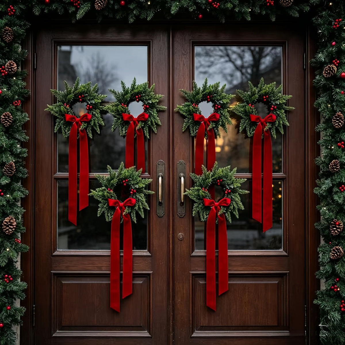 4-Pack Artificial Cedar Christmas Wreath - Green with Red Berries & Ribbon Bow - Front Door, Window, Wall, Cabinet & Wedding - Indoor Holiday Decoration