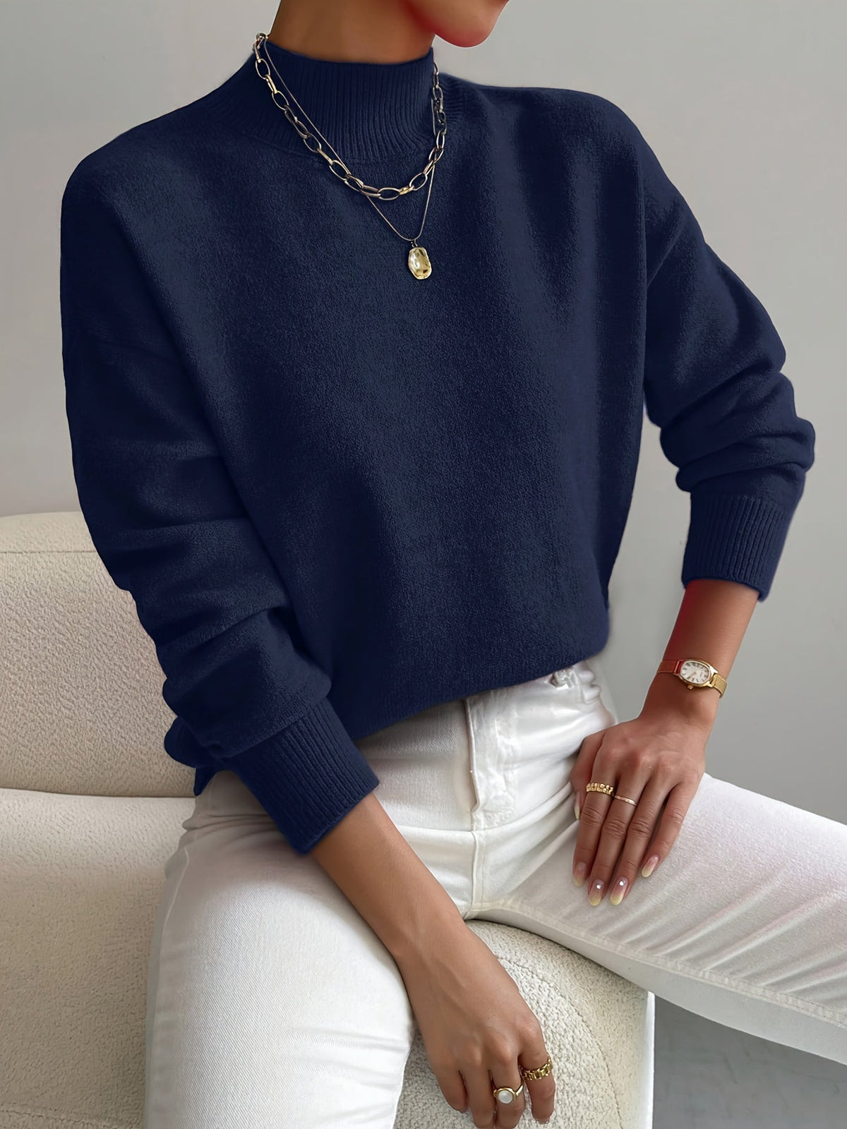Women's Solid Color Mock Neck Drop Shoulder Pullover Sweater – Long Sleeve Knit Acrylic Blend Cozy Fall Winter Top