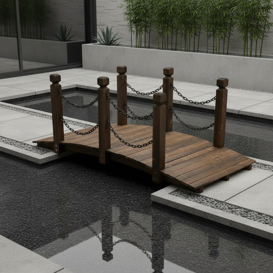 5 Ft Wooden Garden Arc Footbridge, 500 Lb Capacity, Half-Wheel Rails & 6 Pillars, Stained Fir Wood, for Garden, Creek, Backyard & Farm Walkway