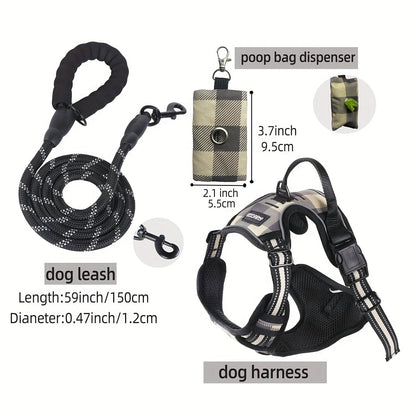 Dog Harness Leash and Poop Bag Dispenser Set 3-Piece Escape-Proof Adjustable Breathable Vest Harness for Medium Large Dogs with Reflective Strips – No-Pull Padded Dog Walking Kit with Waste Bag Holder