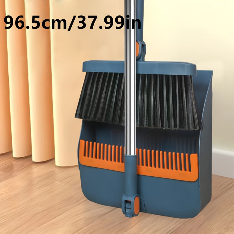 2-Piece Handle Broom & Dustpan Set - Portable Indoor Sweeping Set for Home, Kitchen, Wood Floors & Pet Hair - Standard & Extended Handle - White, Blue & Orange
