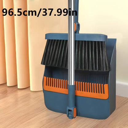 2-Piece Handle Broom & Dustpan Set - Portable Indoor Sweeping Set for Home, Kitchen, Wood Floors & Pet Hair - Standard & Extended Handle - White, Blue & Orange