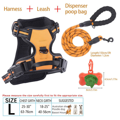 4-Piece Dog Harness and Leash Set No-Pull No-Choke Reflective Oxford Vest Harness with Leash Poop Bag Dispenser Easy Control Handle for Medium Large Dogs Outdoor Training Walking