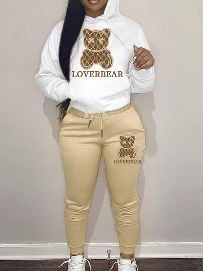 Cartoon Bear Print Two-piece Set Hoodie & Jogger Pants Women Tracksuit Drawstring Long Sleeve Sweatsuit Outfit S-XXL Multiple Colors