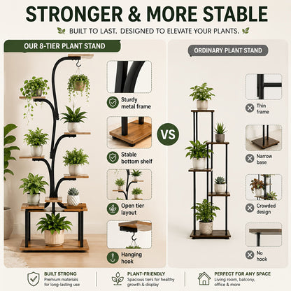 8-Tier Indoor Plant Stand with Grow Lights – Tall Metal Plant Rack with Wooden Shelves Full Spectrum LED Timer for Living Room Bedroom Balcony