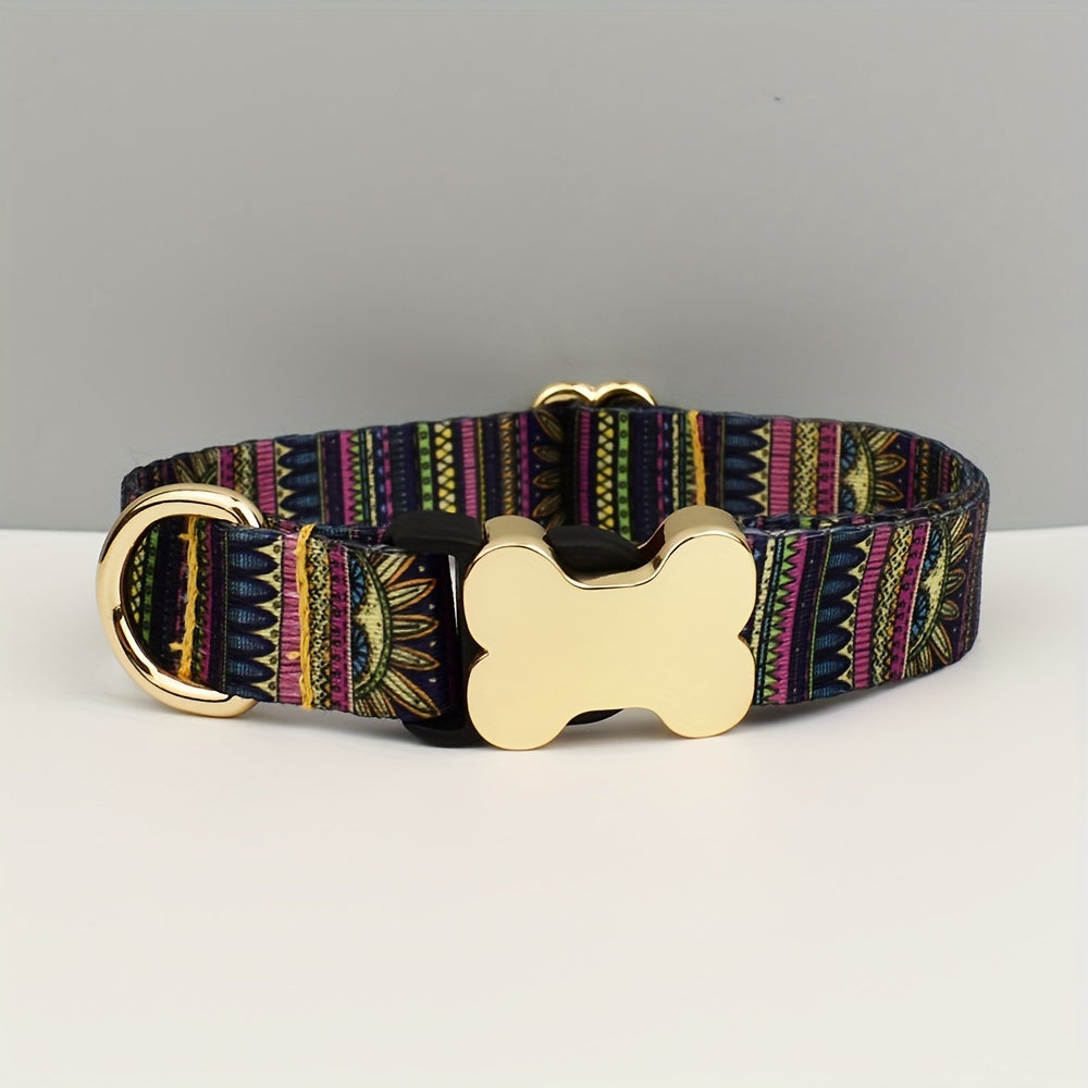 Adjustable Polyester Dog Collar with Metal Bone Charm Decoration – Stylish Colorful Pet Collar for Small to Large Dogs, Sizes XS S M L XL, 6 Colors