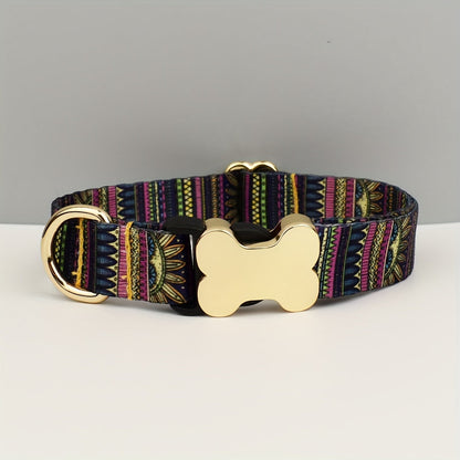 Adjustable Polyester Dog Collar with Metal Bone Charm Decoration – Stylish Colorful Pet Collar for Small to Large Dogs, Sizes XS S M L XL, 6 Colors