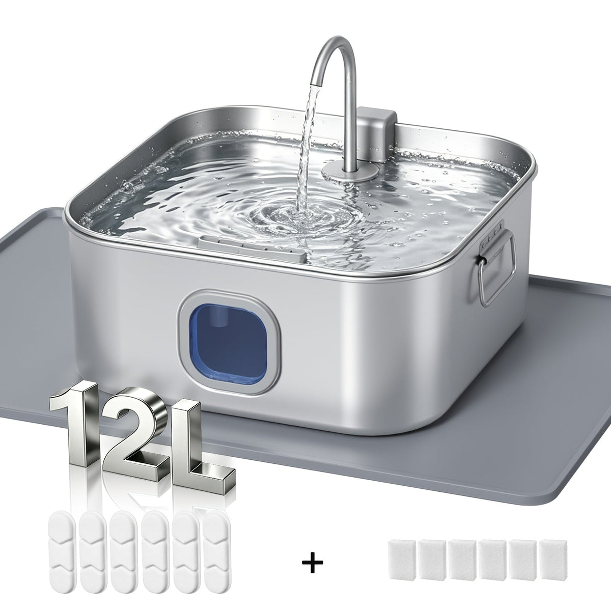 IDEAZOOS Large Dog Water Fountain 12L / 3.17 Gal - 304 Stainless Steel, Ultra Quiet, Water Level Window, Dry Burn Protection, Red/Blue Indicator - Easy to Clean, No Battery - Multi-Pet