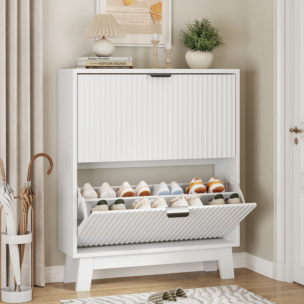 Slim Fluted Shoe Cabinet with 2 Flip Drawers, Adjustable & Removable Shelves, Narrow Entryway Shoe Organizer for Hallway Foyer Living Room Small Spaces, Modern Hidden Shoe Storage
