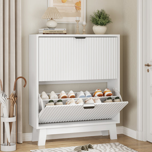 Slim Fluted Shoe Cabinet with 2 Flip Drawers, Adjustable & Removable Shelves, Narrow Entryway Shoe Organizer for Hallway Foyer Living Room Small Spaces, Modern Hidden Shoe Storage