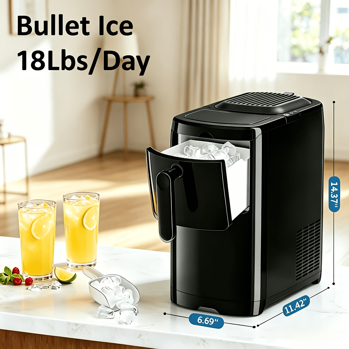 Portable Countertop Ice Maker - Bullet & Nugget Pebble Ice, 26-35 lbs/Day, Self-Cleaning, One-Touch, Sonic Ice Making - Kitchen, Office & Home Bar - Black & Stainless Steel