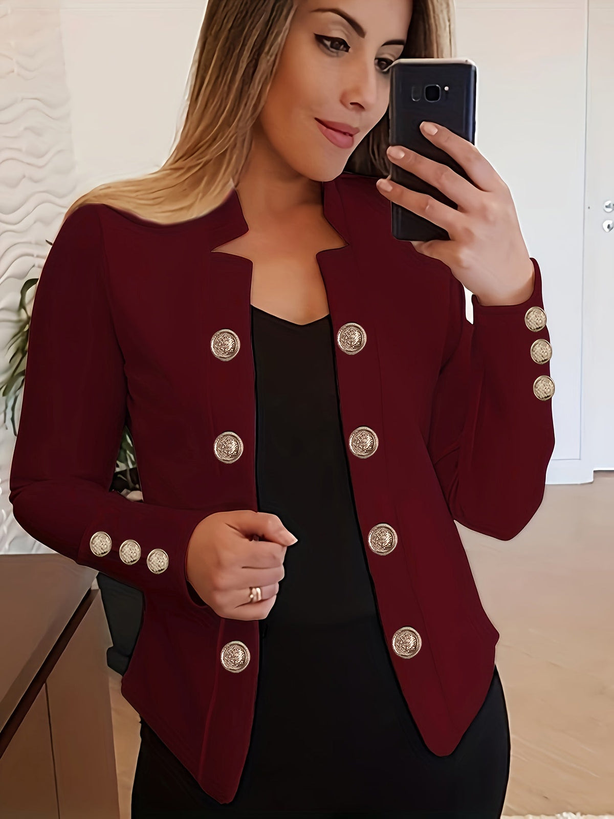 Women's Solid Color Long Sleeve Casual Jacket | Lapel Button Lightweight Stretch Blazer Coat for Spring Fall Everyday Outerwear