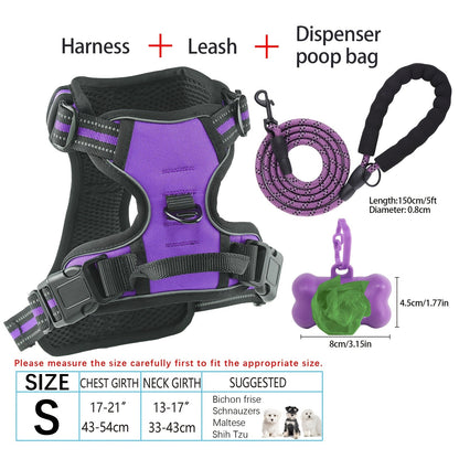 4-Piece Dog Harness and Leash Set No-Pull No-Choke Reflective Oxford Vest Harness with Leash Poop Bag Dispenser Easy Control Handle for Medium Large Dogs Outdoor Training Walking