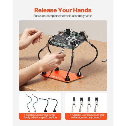 VEVOR Magnetic Helping Hands Soldering Station with 4 Gooseneck Arms 6 PCB Holders & 360° Hot Air Gun Holder Heavy-Duty Steel Base for Electronics PCB Wiring & Crafts