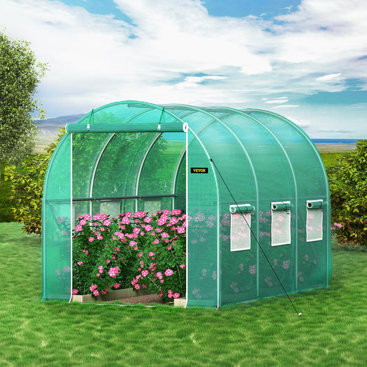 Walk-In Tunnel Greenhouse, 10x7x7 Ft, 0.8" Galvanized Steel Hoops, Top Beam & Diagonal Poles, Zippered Door, 6 Roll-Up Mesh Windows, Waterproof PE Cover, Stakes & Ropes Included, Green