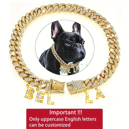 Personalized Rhinestone Dog Necklace Collar with Letter Pendant Tag – Sparkling 13mm Cuban Chain Dog Collar, Custom Initial Charm, Double Lock Design for Small Medium Dogs, Luxury Pet Jewelry Gift