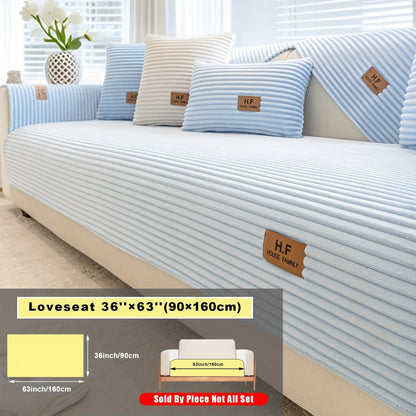 Short Plush Striped Sofa Cover & Cushion - All-Season, Pet-Friendly & Non-Slip - Armchair, Loveseat, 3/4/5-Seater, Backrest, Armrest & Pillowcase - White, Dark Gray, Light Gray, Coffee & Blue