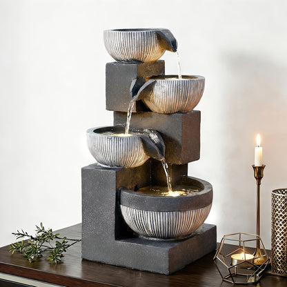Indoor Water Fountain 4-Tier 18.7" – Cascading Bowl Waterfall with LED Lights & Silent Pump Floor Standing Tabletop Fountain for Home Office Living Room Meditation in Gray