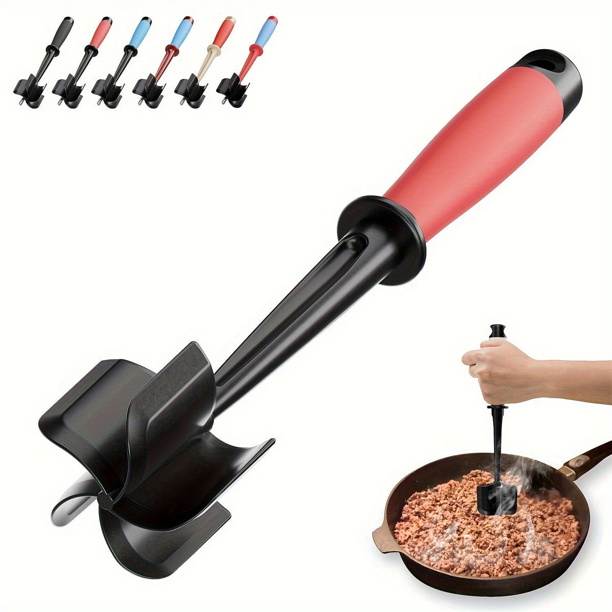 Meat Chopper with 5 Curved Blades - Heat Resistant Non-Stick Ground Beef Masher & Hamburger Smasher - Mix & Chop Kitchen Tool - Blue Black, Reddish Black & Black