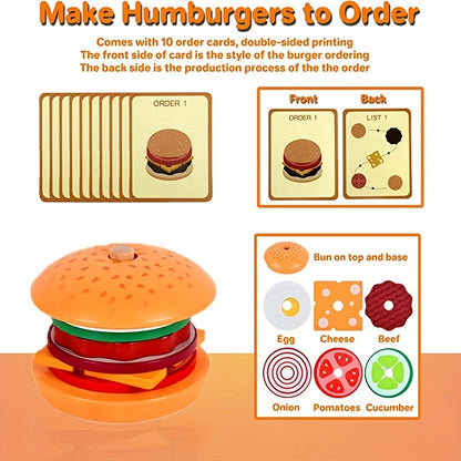 Wooden Stacking Hamburger Toy Set Fine Motor Skill Game with Food Pieces & Order Cards Montessori Pretend Play Toy for Toddlers Ages 3+ Birthday Halloween Thanksgiving Christmas Gift