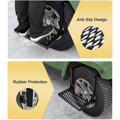 Folding Tire Step Heavy Duty Steel for Truck SUV RV & Pickup, 350lbs Capacity, Adjustable Height & Width Fits 10"-14" Tires, Anti-Slip Surface, Rubber Bumpers – Roof Rack Access & Vehicle Maintenance