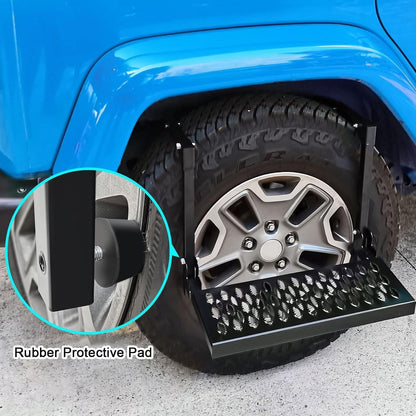 Folding Tire Step Heavy Duty Steel for Truck SUV RV & Pickup, 350lbs Capacity, Adjustable Height & Width Fits 10"-14" Tires, Anti-Slip Surface, Rubber Bumpers – Roof Rack Access & Vehicle Maintenance