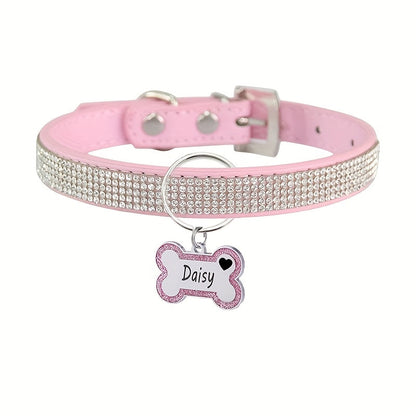 Personalized Pet Collar with Rhinestone Diamond Decoration & Free Engraved ID Tag – Adjustable Anti-Lost Cat & Dog Collar – Japanese Style Bling Collar for Small Medium Dogs & Cats, Multiple Colors & Sizes