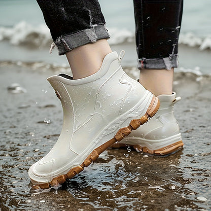 Lightweight Non-Slip Short Ankle Rain Boots for Men and Women Cushioned Insoles Breathable Lining Textured Anti-Slip Sole Fashionable Unisex Couple Rain Boots for Car Washing Outdoor Activities Black Beige US 5.5-12
