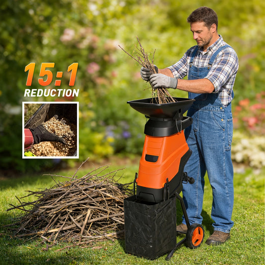 Maxlander 15-Amp Heavy-Duty Electric Wood Chipper & Leaf Shredder 1.75-Inch Cutting Capacity 11.89-Gal Collection Bag Yard Waste Mulcher for Branches Twigs & Leaves – Orange