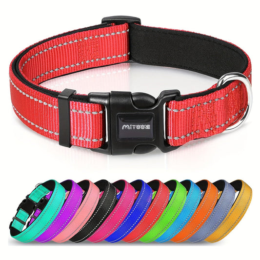 Reflective Neoprene Dog Collar with Comfort Padding - Adjustable Elastic Fit for Medium & Large Breed Dogs, Soft Padded Safety Collar for Training & Walking with High-Visibility Reflective Strip for Night Safety