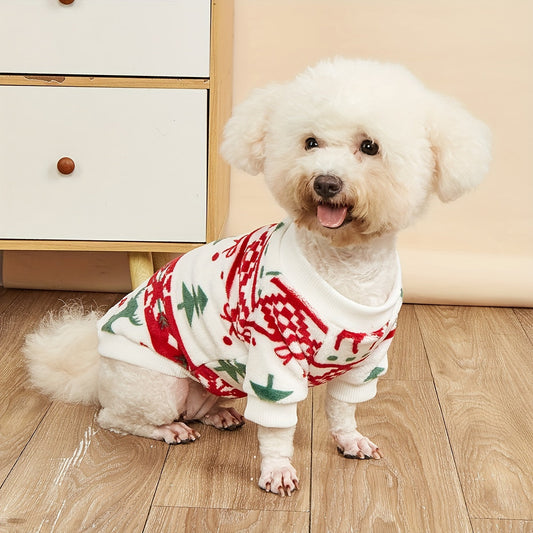 Pet Christmas Plush Sweatshirt for Dogs and Cats – Warm Soft Fleece Holiday Pullover for Small Medium Pets, Autumn Winter Cozy Costume, XS S M XXL, White Festive Pet Apparel