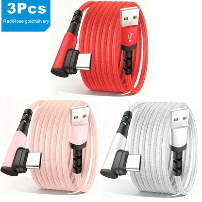 3-Pack Right Angle Braided USB-A to USB-C Fast Charging Cable - 1m, 2m & 3m - iPhone 15/16/17, iPad, Samsung, Huawei & More - Black, Blue, Red, Purple, Rose Gold & Silver