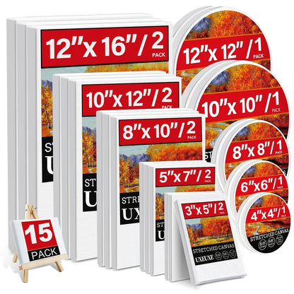 Stretched Canvas Multi-Pack Primed White 100% Cotton – Round Rectangular and Square Sets in 10 15 and 20 Pieces – Artist Canvas Boards for Acrylic Oil Painting Pouring and Mixed Media