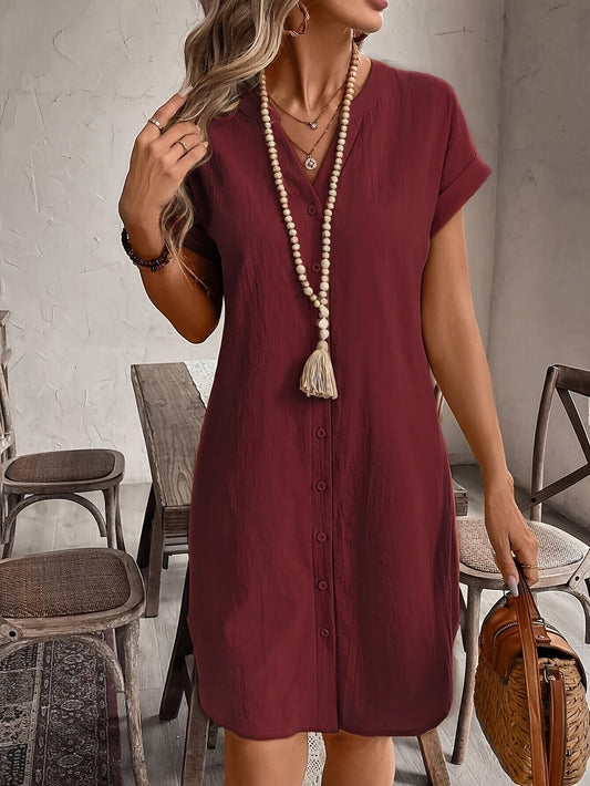 Women's V-Neck Loose Fit Button Dress – Elegant Casual Solid Color Summer Shirt Dress in 9 Colors for Everyday & Vacation Wear