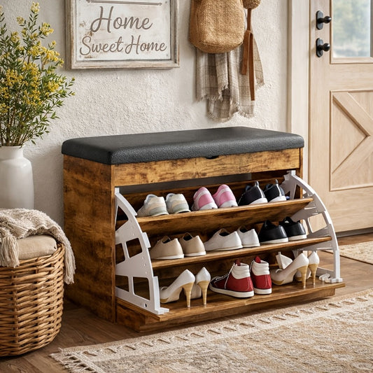 Compact Shoe Cabinet Storage Stool with Thickened Cushion & Hidden Storage Space for Entryway Corridor Living Room & Door – White or Wood