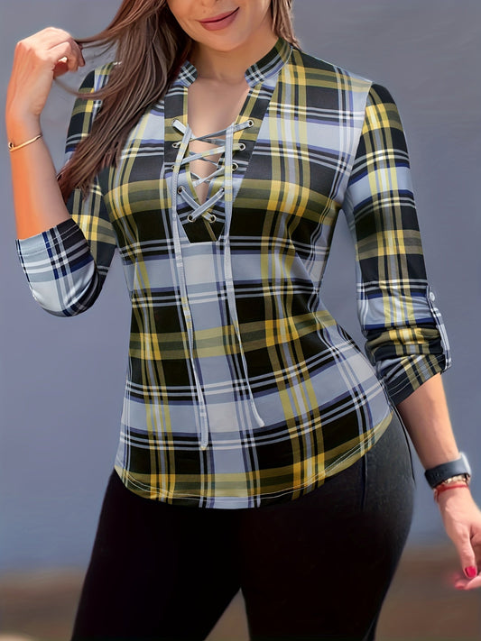 Women's V-Neck Plaid Long Sleeve Top Sexy Western Shirt Micro Stretch Blouse Spring Casual Regular Fit Trendy Outfit S M L XL XXL