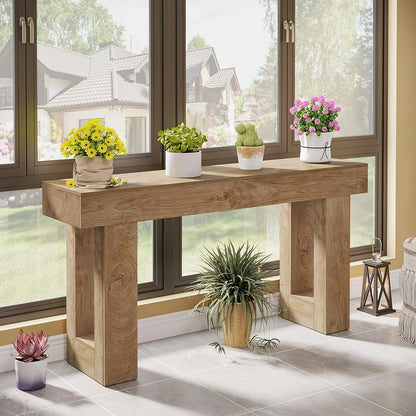 63-Inch Farmhouse Console Table, Rustic Wooden Sofa Table Behind Couch, MDF Entryway Table with Anti-Wobble Foot Pads for Hallway Living Room, Versatile Country Style Home Decor
