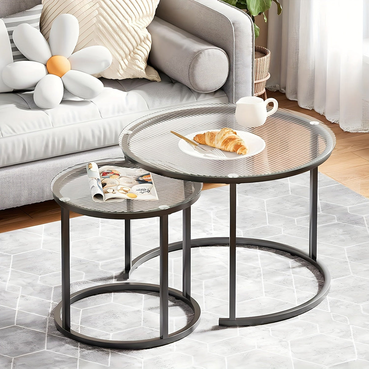 Nesting Glass Coffee Tables Set of 2 – Round Modern Industrial Metal Frame Side Tables for Living Room Bedroom in Clear Gray Striped & Tea Glass with Gold or Black Frame