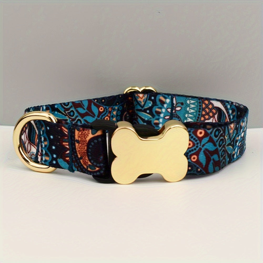 Adjustable Polyester Dog Collar with Metal Bone Charm Decoration – Stylish Colorful Pet Collar for Small to Large Dogs, Sizes XS S M L XL, 6 Colors