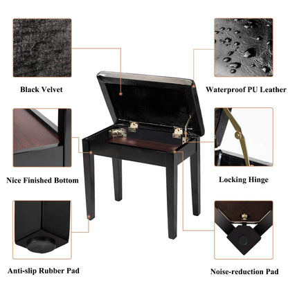 Bonnlo Wooden Duet Piano Bench - Thick PU Leather Padded Cushion, Under-Seat Sheet Music Storage, Locking Lid, 440 lbs Solid Wood Legs - Black & Brown, 21.5" or 29.5" Wide