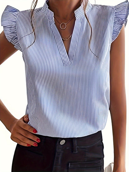 Women's V-Neck Puff Sleeve Loose Striped Blouse Casual Elegant Summer Top Lightweight Flowy Shirt for Women Blue Green Pink Gray S M L XL