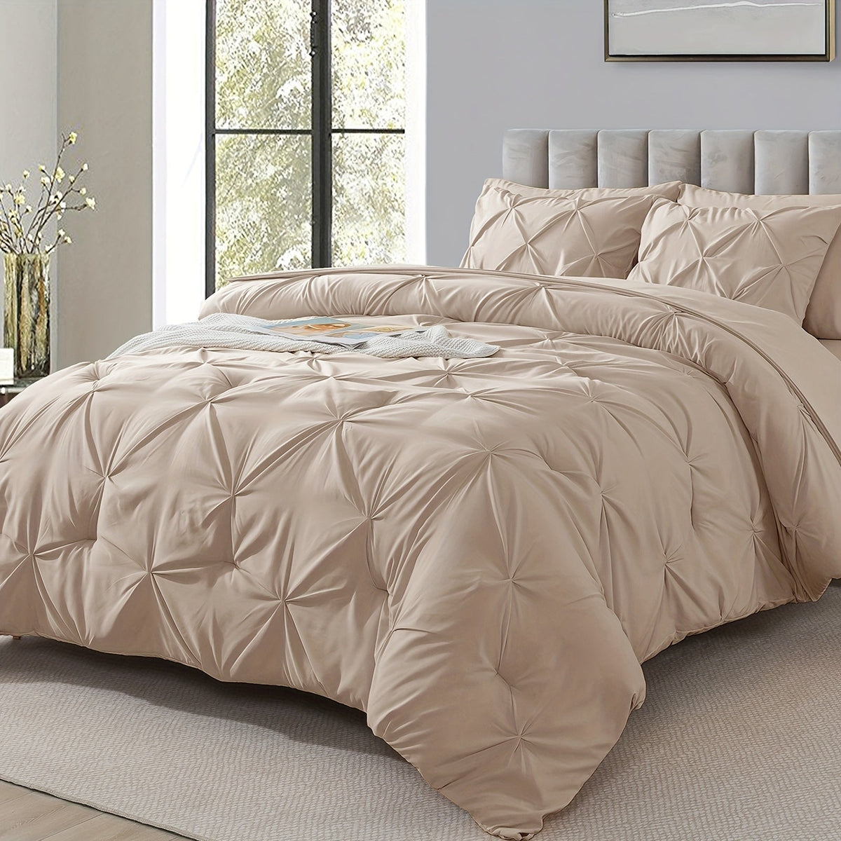 Comforter Set 7 Piece Queen King Full - Soft Microfiber Pintuck Pleated Bed in a Bag Complete Bedding Set with Comforter, Fitted Sheet, Flat Sheet & Pillowcases, All Season Home & Dorm Bedding